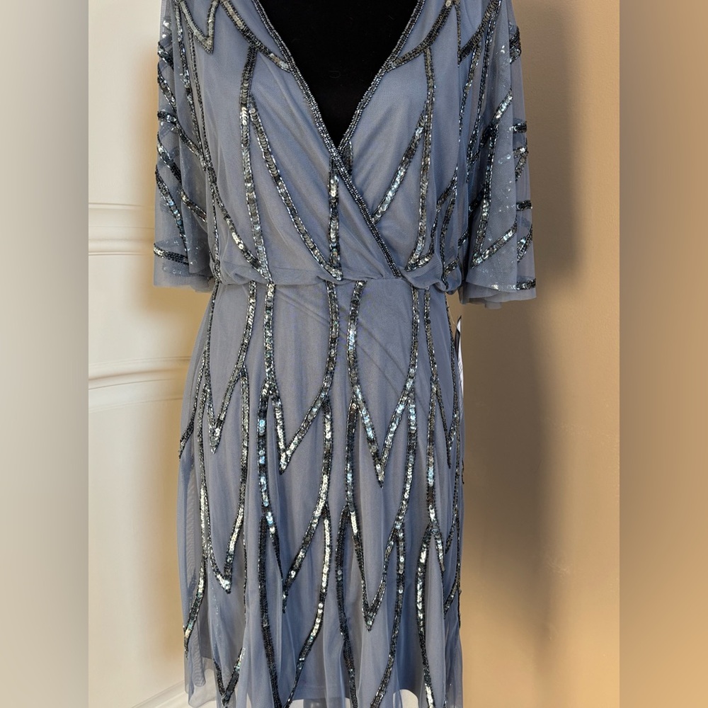 Embellish Bead Mesh Wrap Dress Adrianna Papell Dusty Blue Women’s Size 10 NWT - Picture 4 of 16